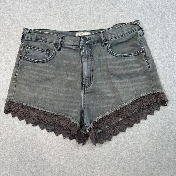 Free People Denim Shorts Womens 31 Gray Vintage Wash High Rise Crochet Lace Trim - Picture 1 of 8